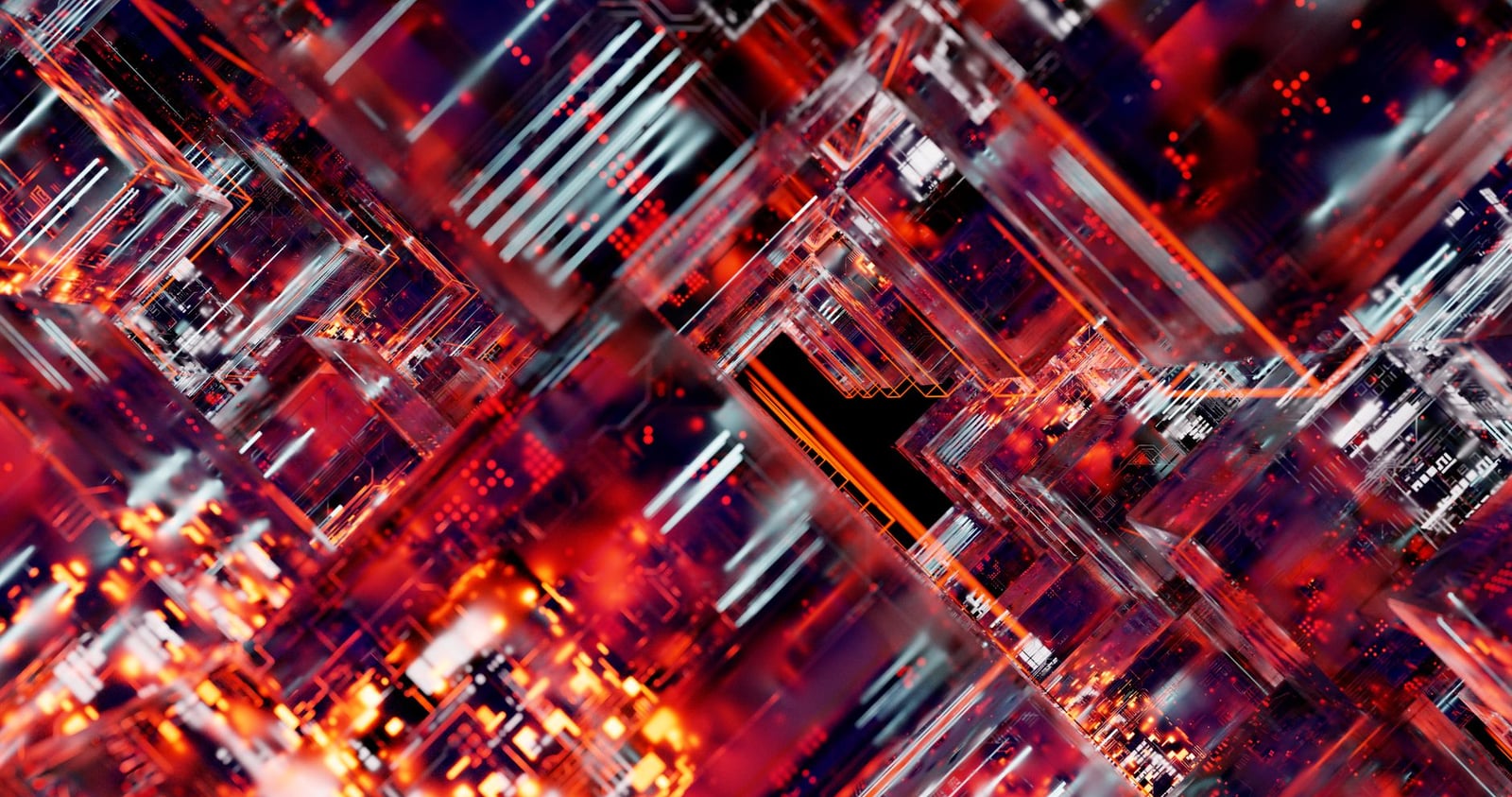 Imagen abstracta futurista de un circuito digital con luces brillantes.
