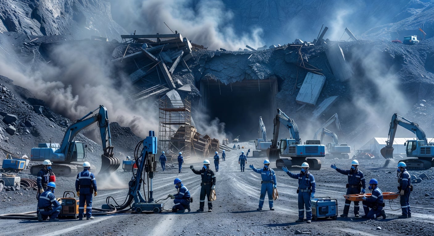 collapsed coal mine entrance in China with emergency rescue workers and equipment, dust and debris visible, daylight