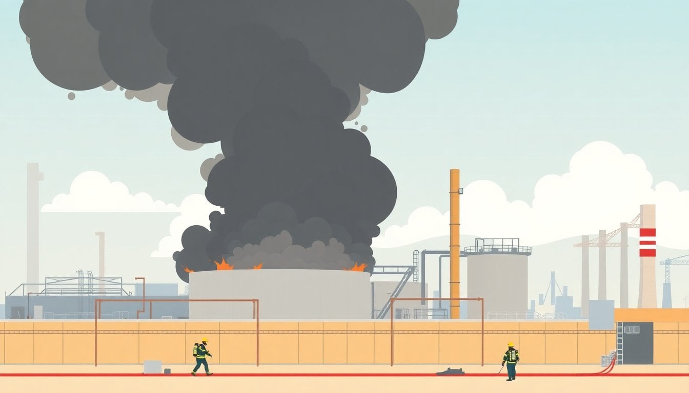 industrial fire and emergency response at a chemical plant in Santa Fe province, smoke rising from storage tanks, firefighters and hoses visible, daylight