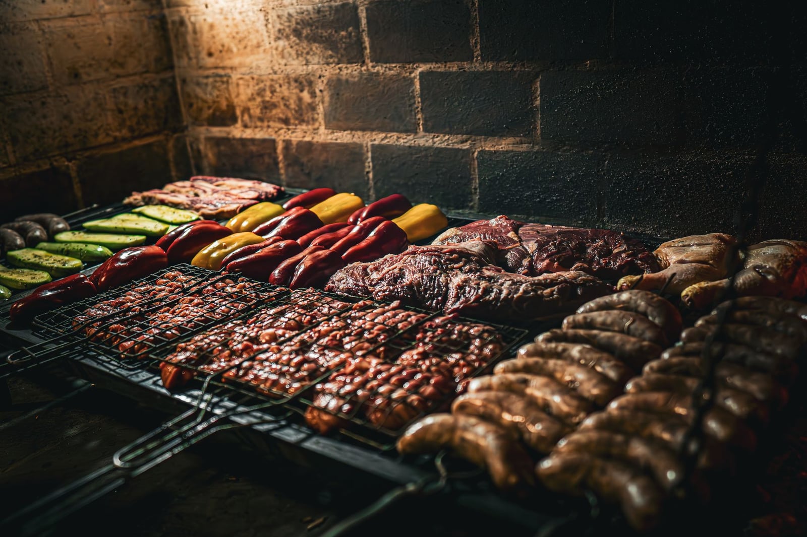 Primer plano de carnes y verduras asándose en un asado colombiano en Huila.