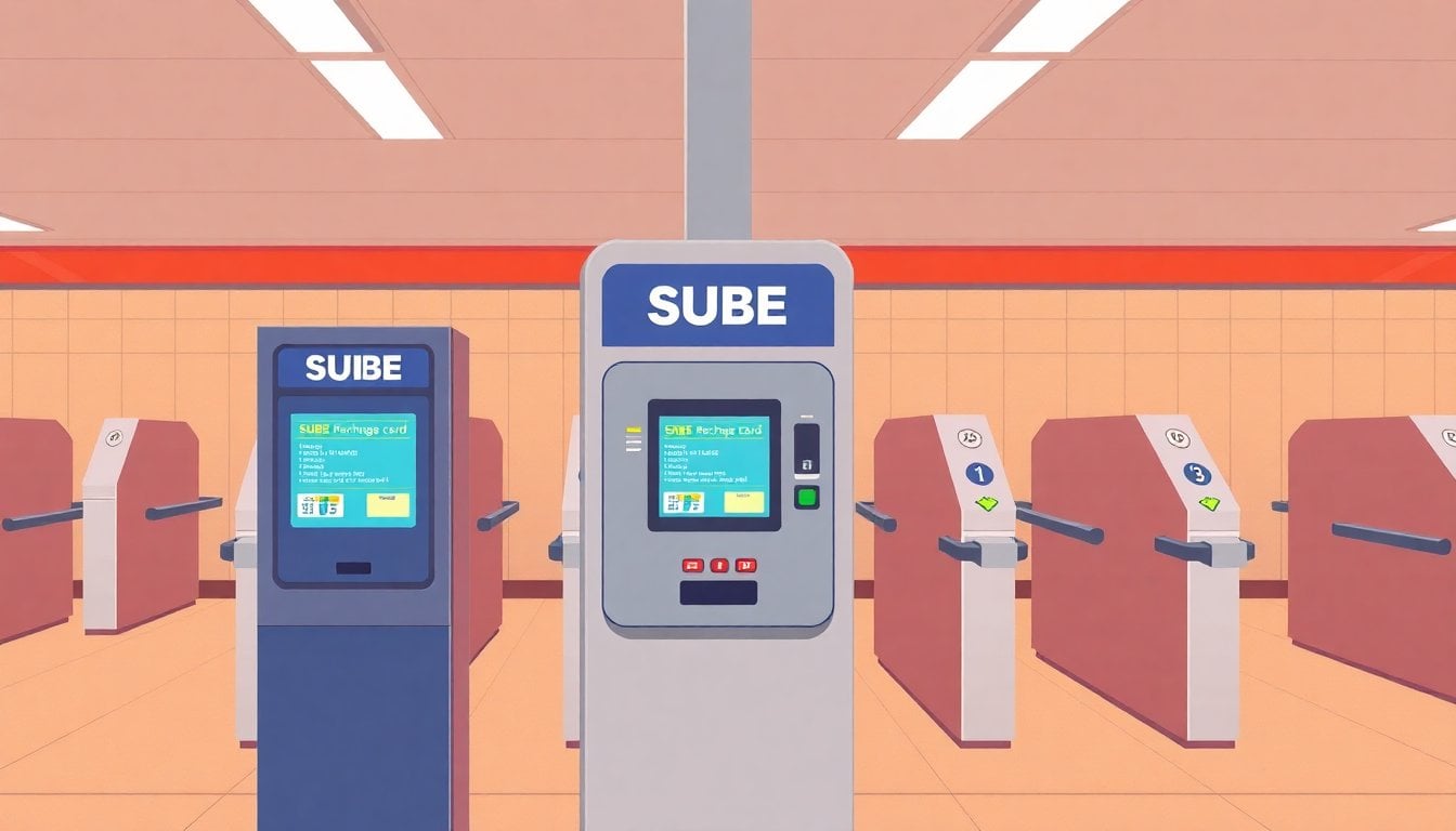 SUBE card recharge machine at Buenos Aires subway station, turnstiles in background, fluorescent lighting, no people