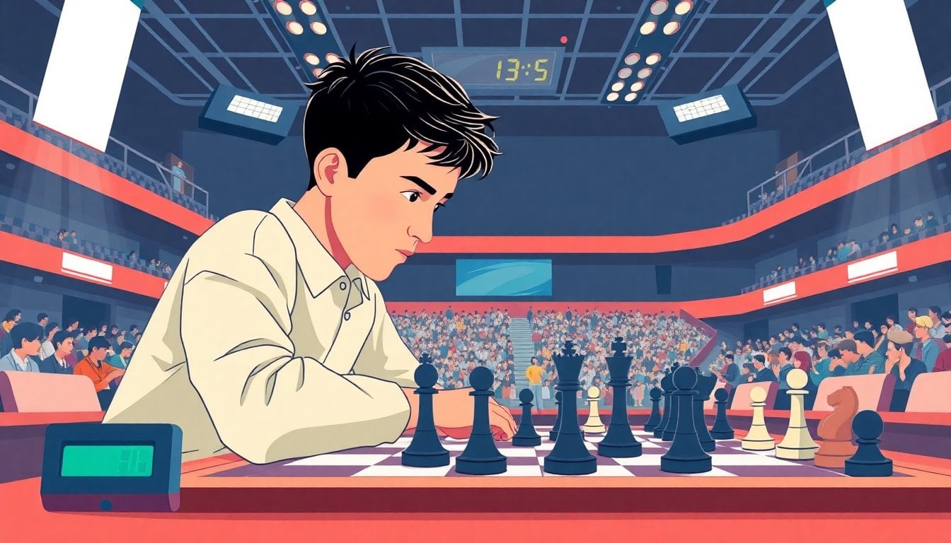 young chess prodigy concentrating over a tournament chessboard, digital clock visible, intense indoor competition hall, no crowd focus