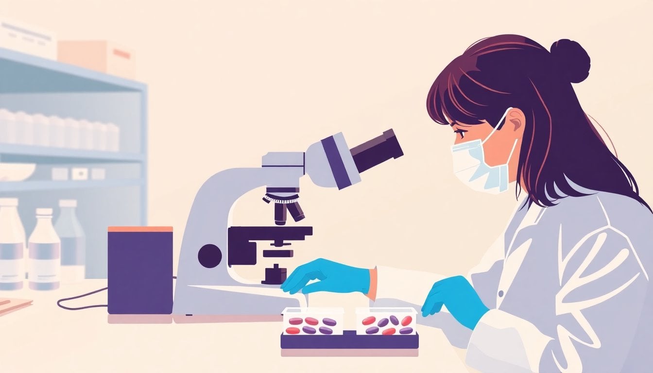 laboratory scientist examining cancer cell samples under microscope, medical research facility, blue gloves, petri dishes on white surface, clinical lighting