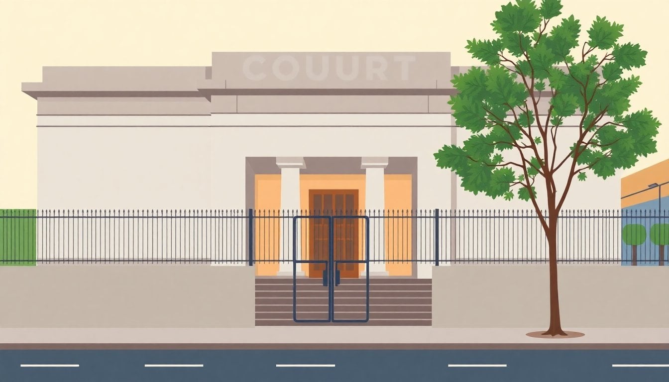 Argentine courthouse exterior with concrete facade and security fence, daytime, no people visible, Córdoba Argentina