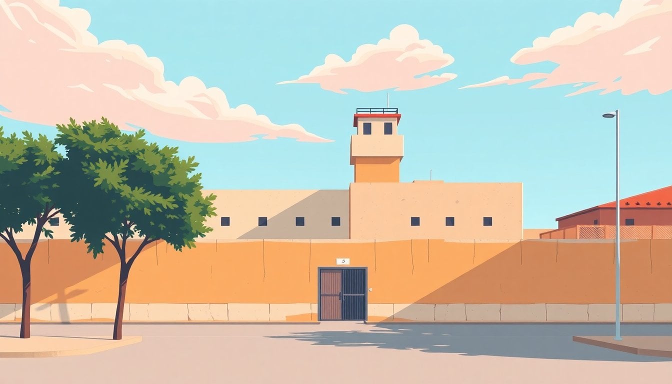 Cruz del Eje prison exterior facade in Córdoba Argentina, concrete walls and watchtower, daytime, no people visible
