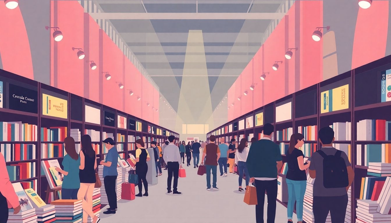 rows of book stands at an independent publishers fair in Buenos Aires, crowded aisles with readers browsing, natural indoor light