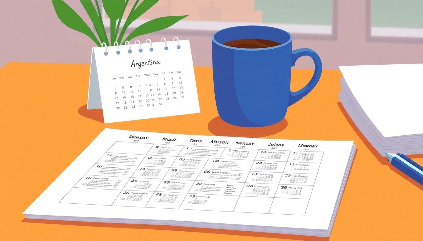 Argentine national holiday calendar on a desk with a coffee cup, close-up of dates marked on paper planner, natural light
