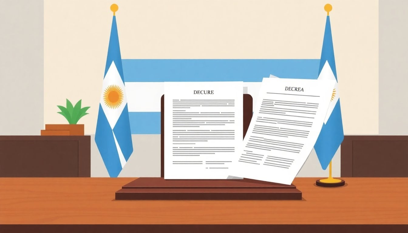 Argentine government official decree document on wooden desk with Argentine flag in background, formal office setting