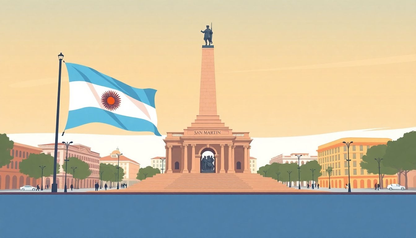 Argentine national flag and San Martín monument in Plaza San Martín Buenos Aires, stone monument, sunny day, no crowds