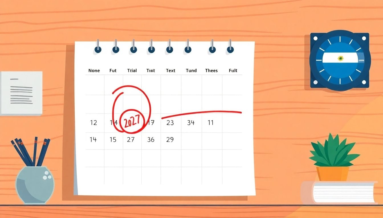 wall calendar showing Argentine national holidays 2027, close-up on dates circled in red marker, wooden desk background