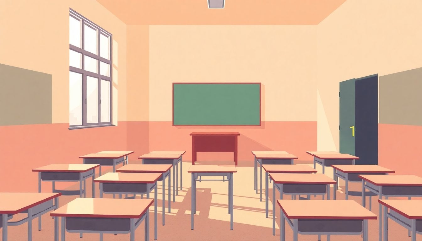 Argentine school classroom with empty desks and blackboard, natural light through windows, no people