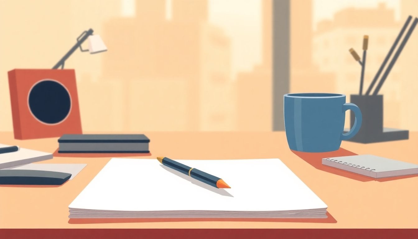 close-up of an unmade desk with a notebook, pen, coffee cup, and soft morning light, suggesting procrastination and mental blockage, no people visible