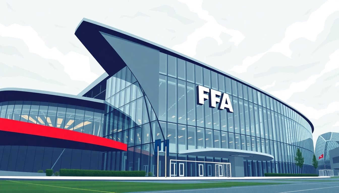 FIFA headquarters building exterior in Zurich, modern glass facade, Switzerland, cloudy sky