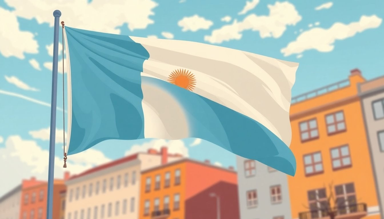 Argentine national flag waving in cold winter wind, blue sky with clouds, close-up fabric texture