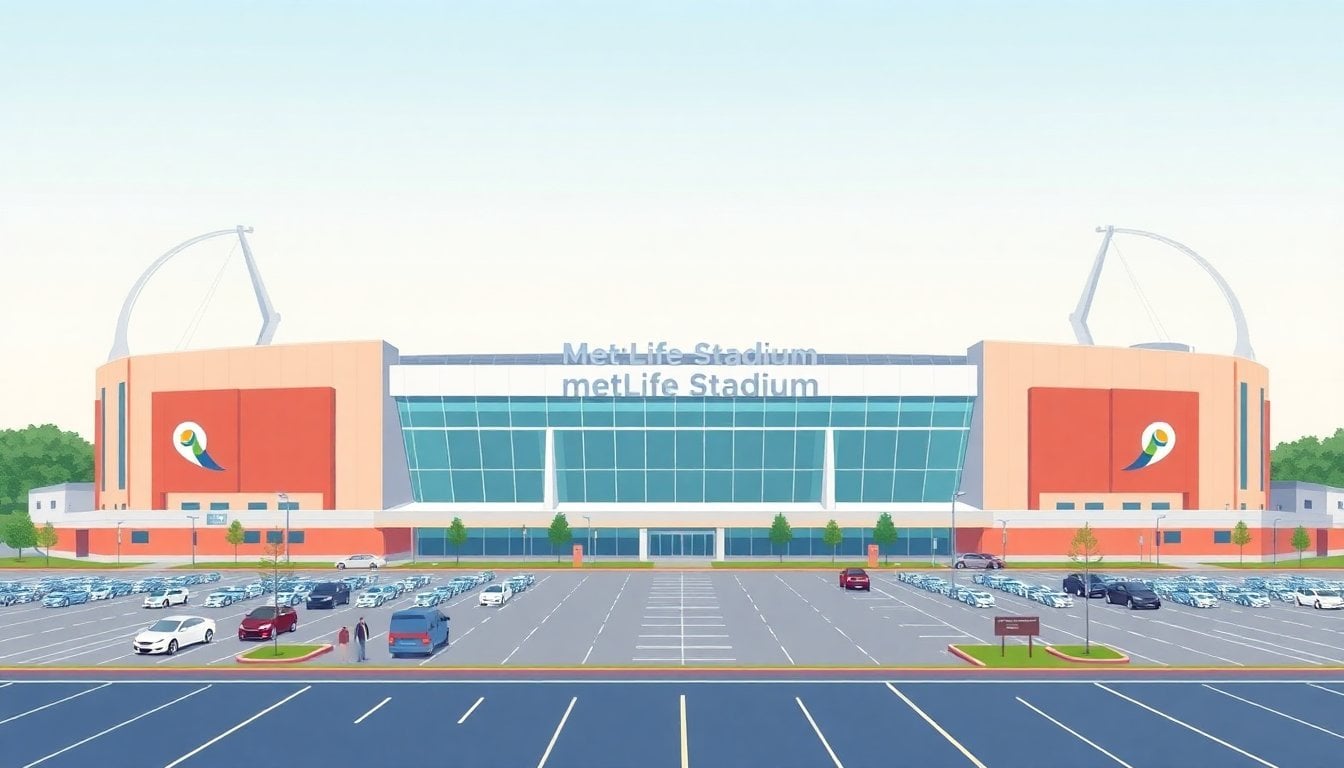 MetLife Stadium exterior view in East Rutherford New Jersey, large parking lot and facade, daytime clear sky