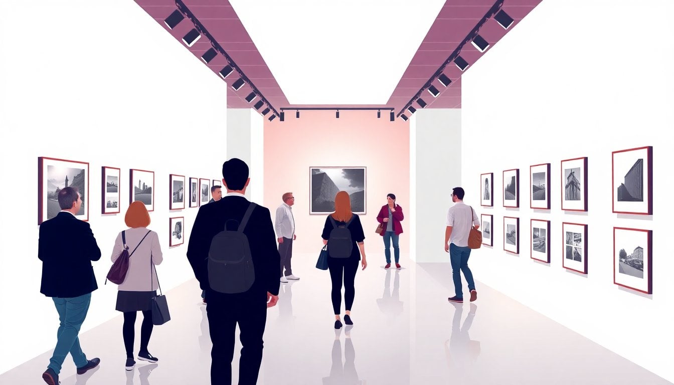 photography festival exhibition hall in Mendoza with framed black-and-white photographs on white walls, visitors walking quietly, contemporary cultural venue interior
