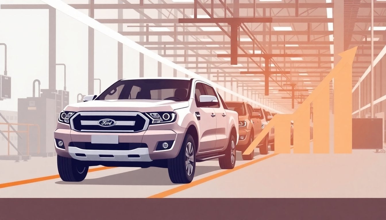Ford Ranger pickup trucks on assembly line inside automotive manufacturing plant, industrial lighting, no people visible