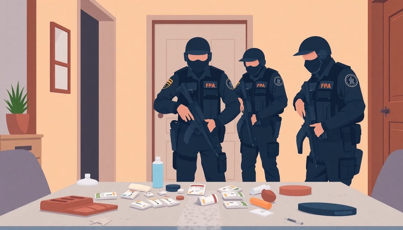 FPA police officers in anti-narcotics operation raiding a house, drug seizure evidence on a table, Córdoba Argentina, no faces shown