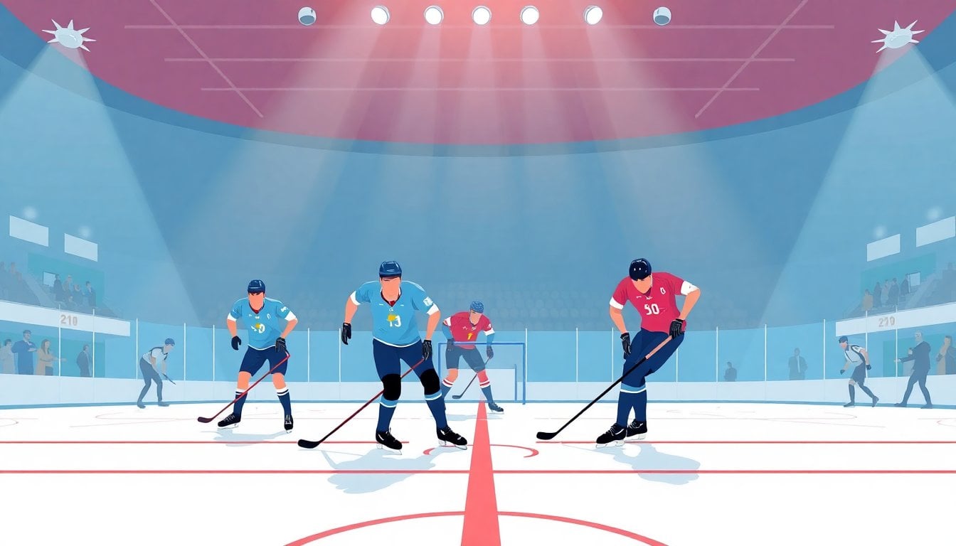Argentina and France roller hockey players on the rink after a penalty shootout, indoor arena in Paraguay, medals and sticks visible, tense final scene