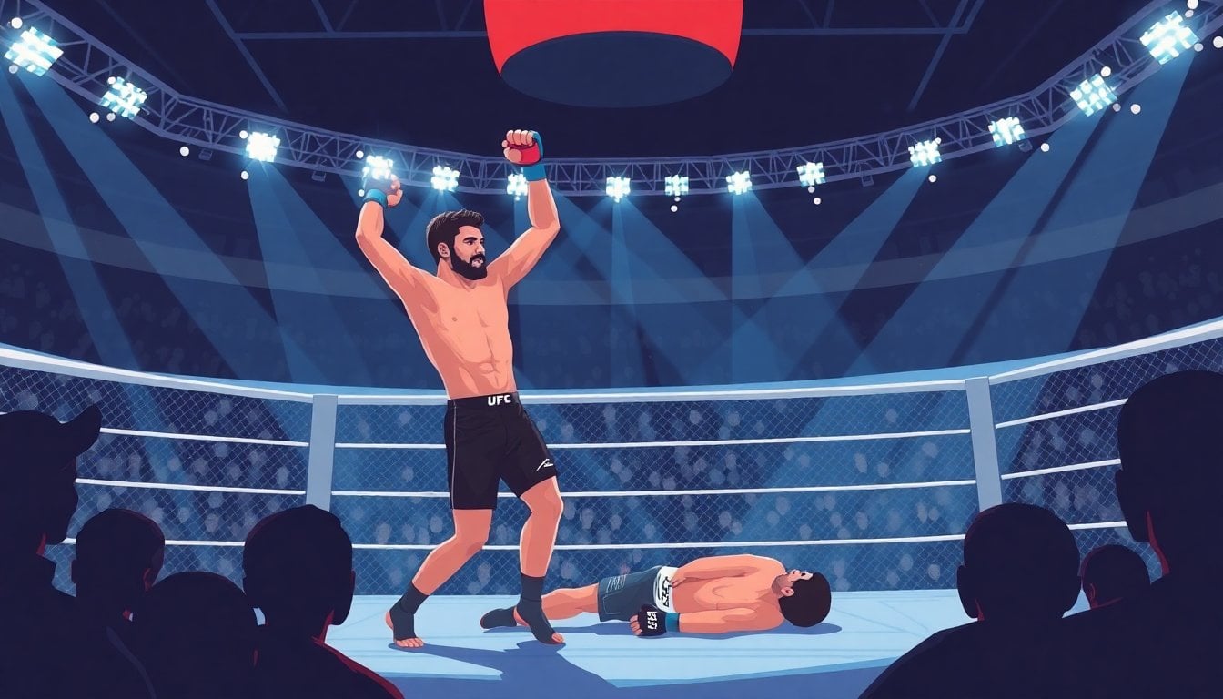 young Argentine MMA fighter celebrating after knockout in UFC octagon, Las Vegas arena lights, opponent on canvas, no close crowd faces