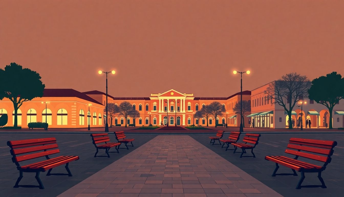 Plaza principal de Cañuelas, Buenos Aires province, Argentina, town square at night with street lights, empty benches and paved walkway