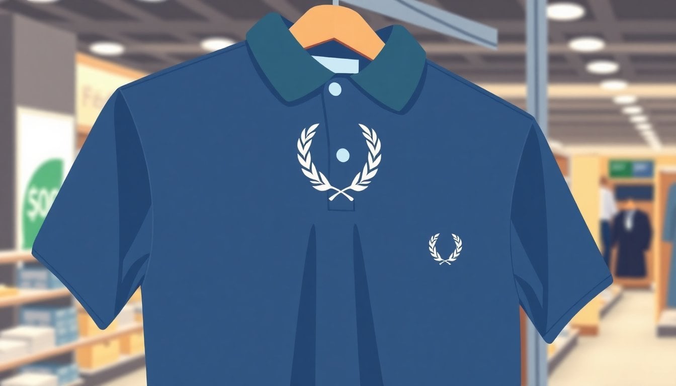 Fred Perry polo shirt with laurel wreath logo on retail display rack, close-up, modern store interior lighting