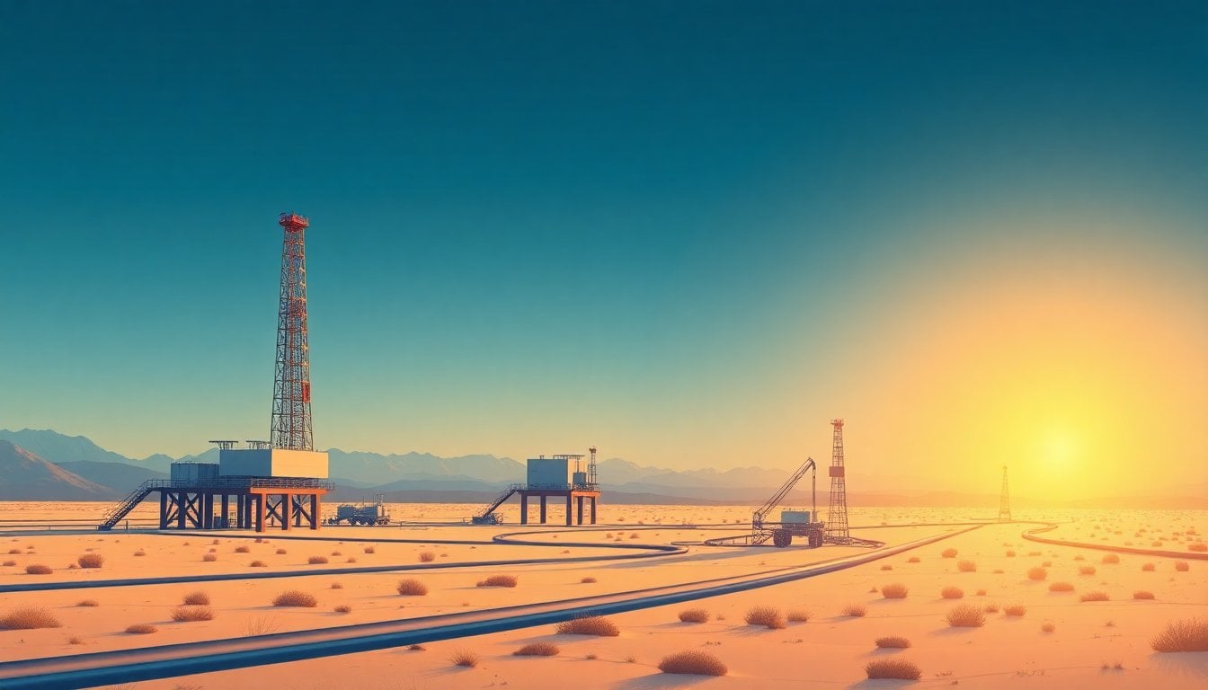 oil and gas infrastructure in Argentine Patagonia, pipelines and drilling equipment in open landscape, aerial view, golden hour light