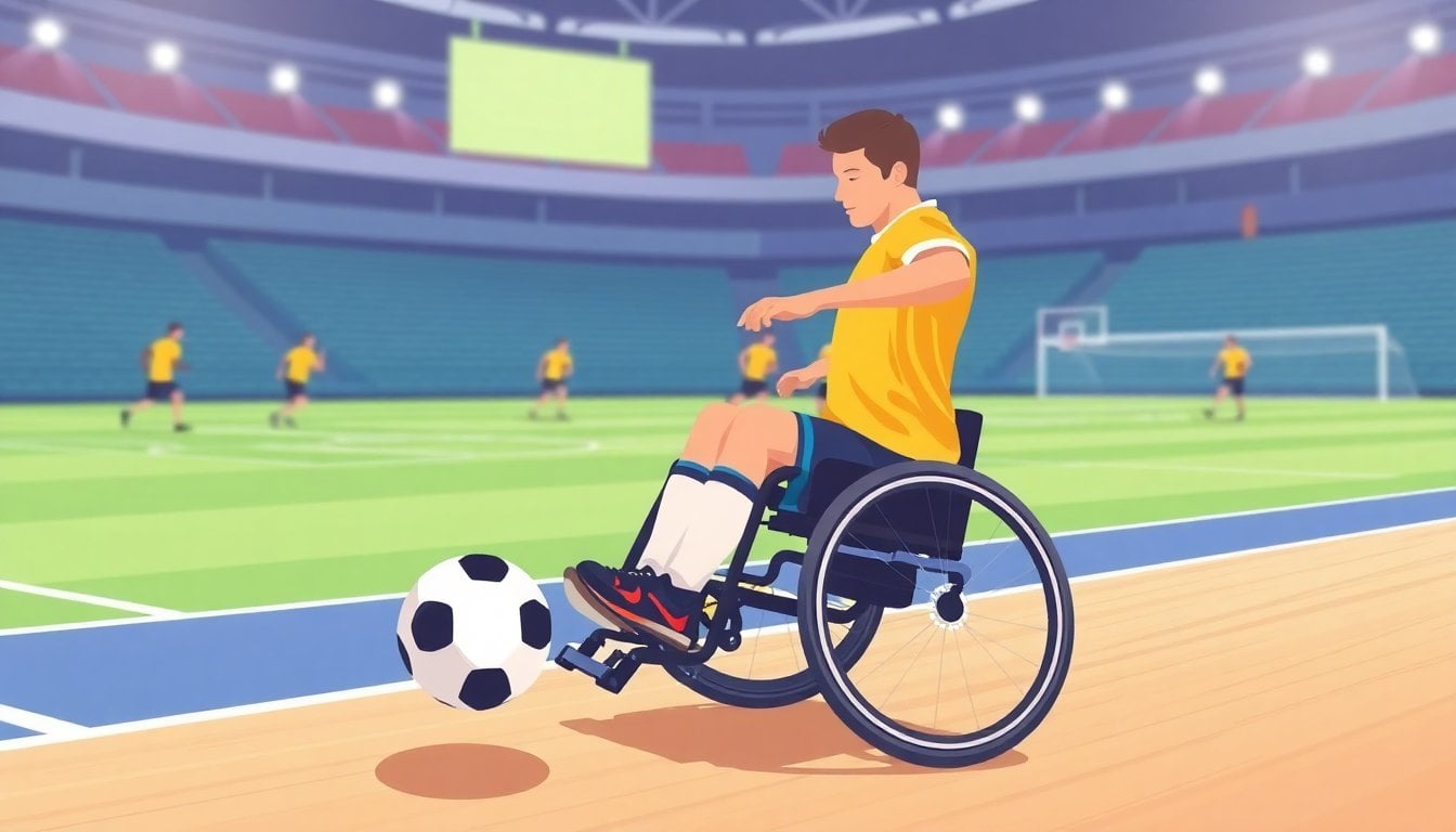 adaptive power wheelchair football player on indoor sports court, close-up of wheelchair chassis hitting ball, blurred teammates background