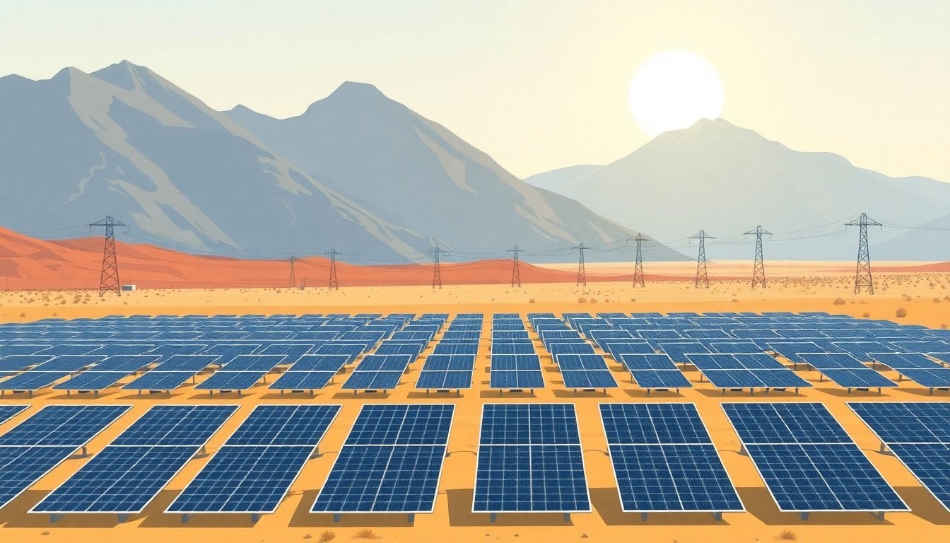 large solar panel farm in the desert landscape of San Juan province, Argentina, mountains in the background, high noon sunlight, transmission lines visible