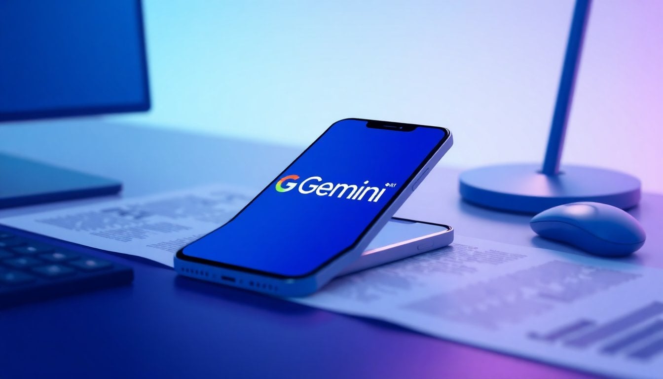Google Gemini AI logo on a smartphone screen placed on a modern desk, close-up, soft ambient light, no people