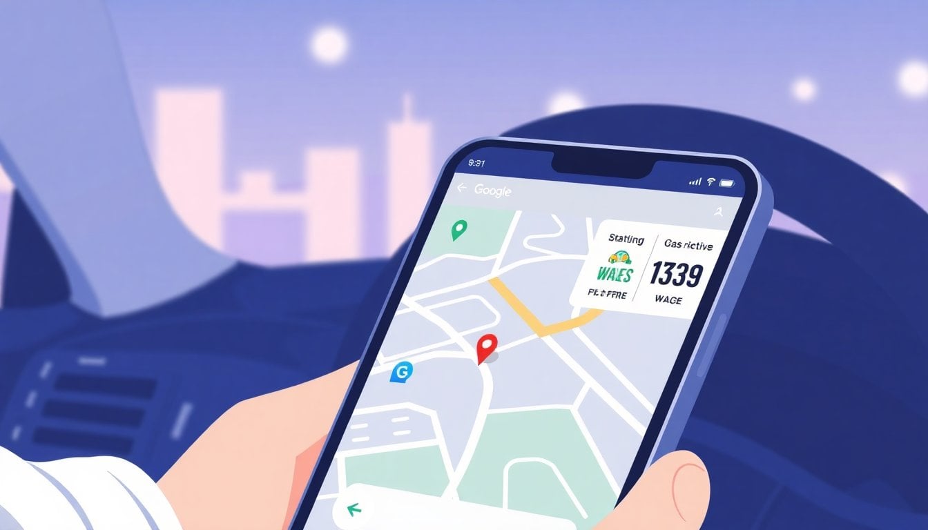 smartphone screen showing Google Maps and Waze route with nearby gas station prices and a small green icon, car dashboard blurred in background, close-up