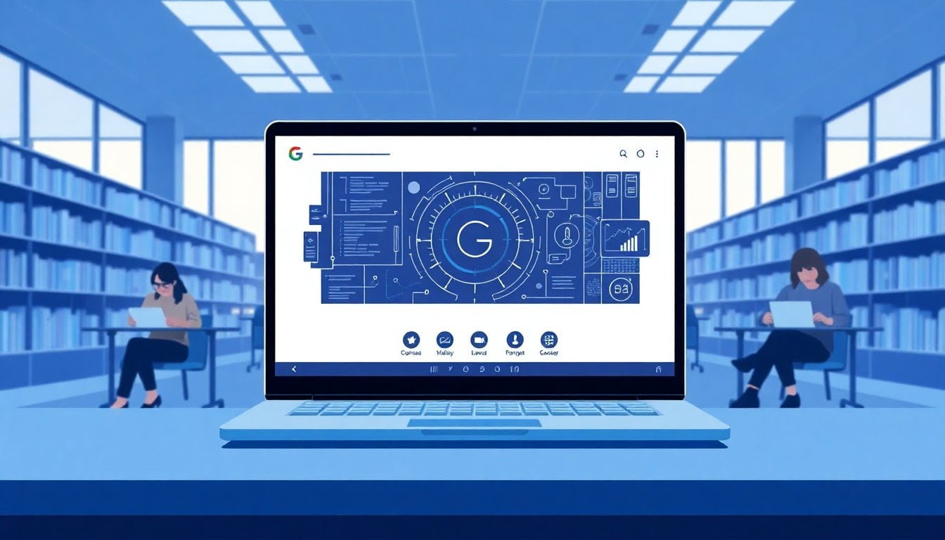 Google Gemini AI interface on laptop screen in university library setting, students studying in background, natural light