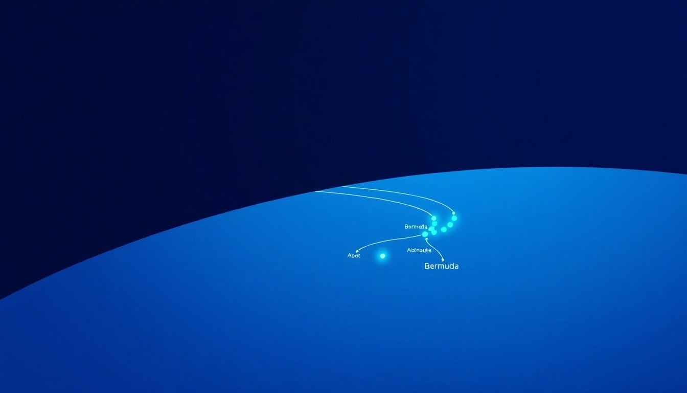 submarine fiber optic cable on ocean floor diagram, Atlantic Ocean route map with Bermuda and Azores marked, dark blue background
