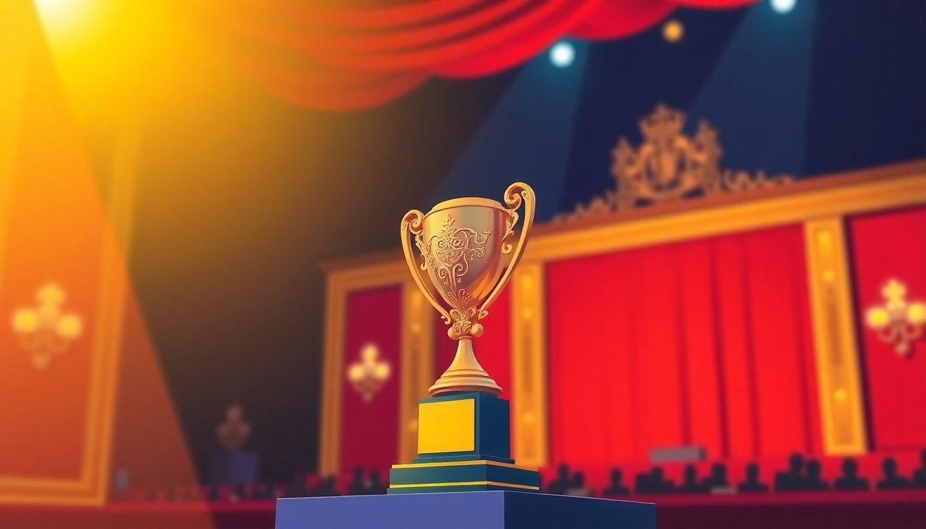 ornate Spanish film award trophy on display at gala ceremony, warm spotlight, elegant theater background, no people in foreground