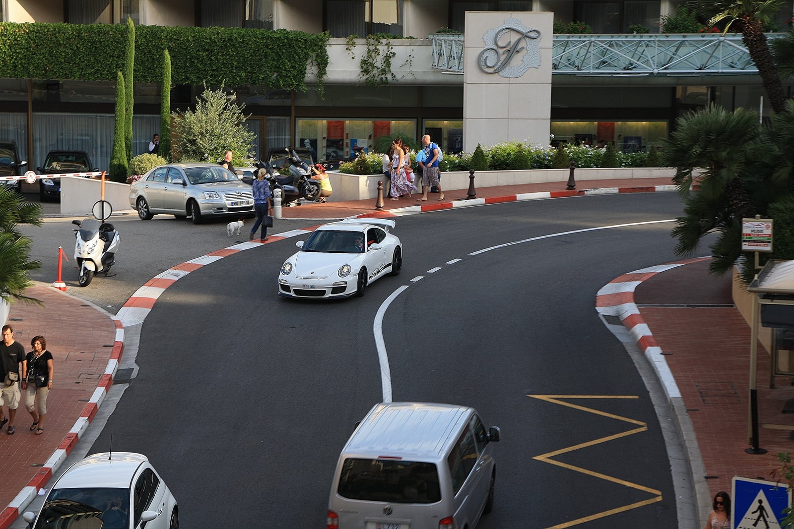 White 2009 Porsche 997 GT3 at Loews Hairpin, Monte Carlo, Monaco.