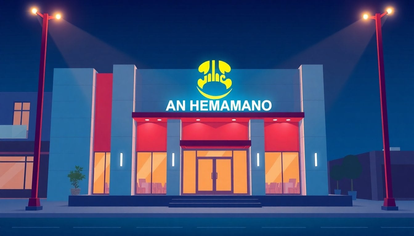 Gran Hermano Argentina reality show house exterior with logo illuminated at night, modern facade, no people