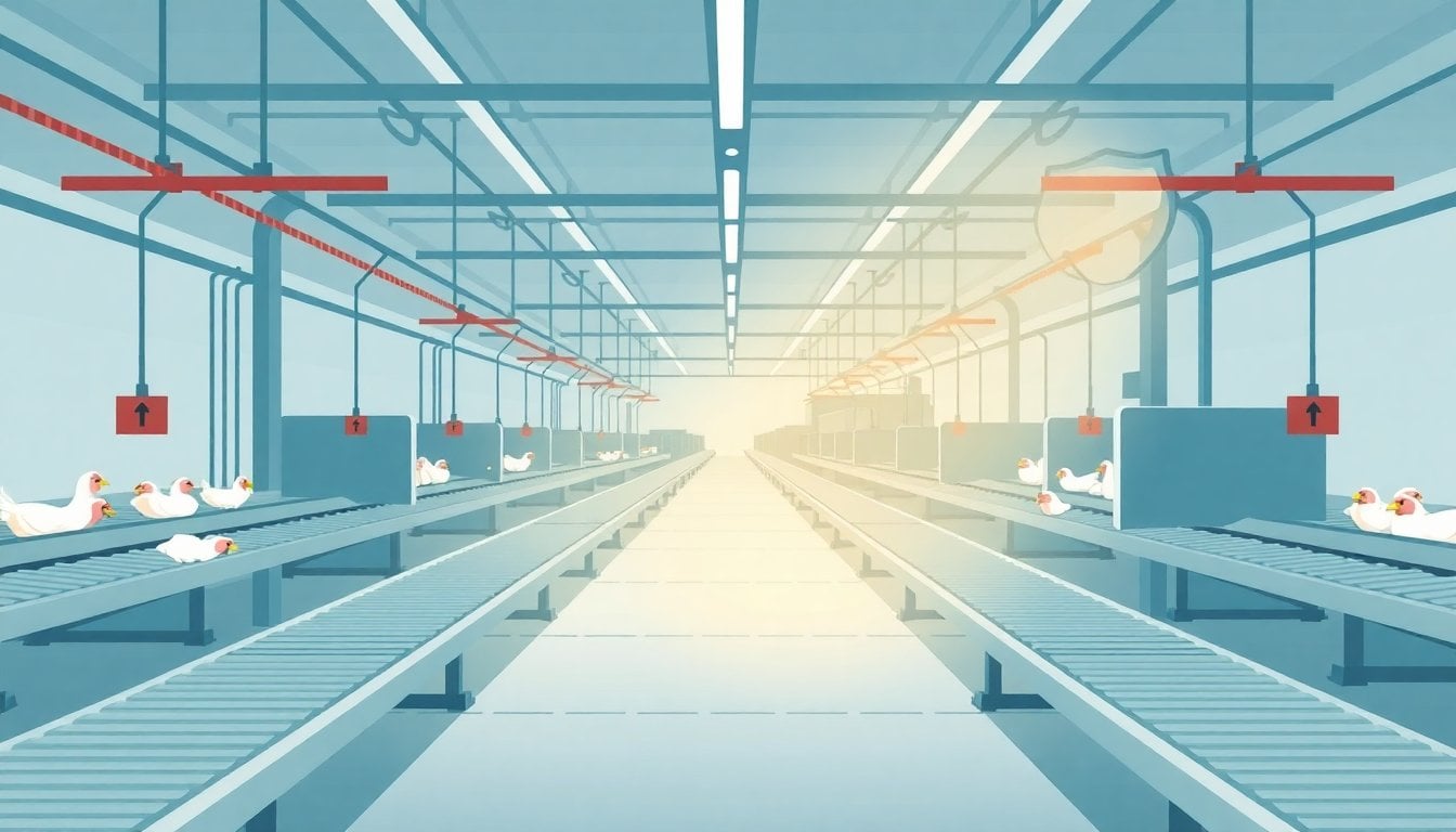 empty poultry processing plant interior with idle conveyor belts and industrial equipment, no workers, cold industrial lighting, Argentina province