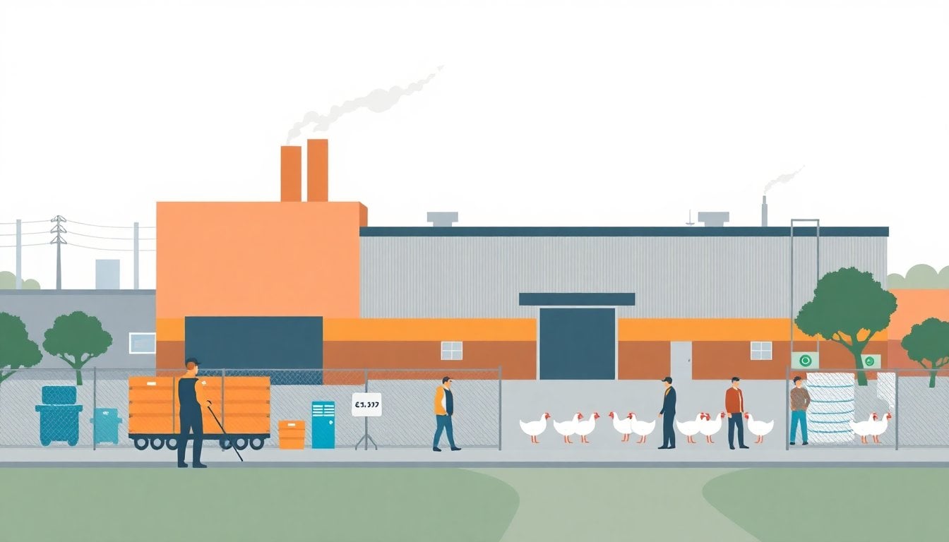 Argentine poultry processing plant exterior with workers outside, industrial facility, Buenos Aires province, overcast sky