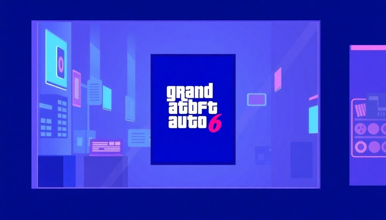 Grand Theft Auto 6 promotional poster or game box art displayed at a gaming store window, neon lights reflection, urban setting