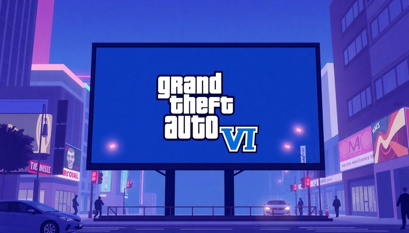 Grand Theft Auto VI promotional billboard or game cover art displayed on a large urban screen, neon lights, night scene