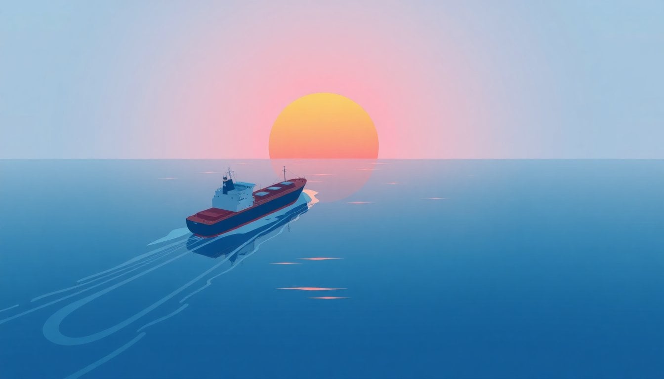 oil tanker ship crossing narrow strait at sunset, aerial view, reflections on water, no people visible