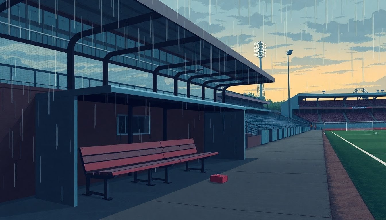 empty football dugout at a small Argentine stadium at dusk, worn bench, rain-soaked touchline, tense atmosphere, no people visible