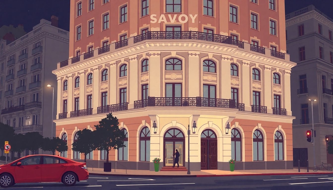Hotel Savoy Buenos Aires facade exterior, classic architecture, nighttime, street view