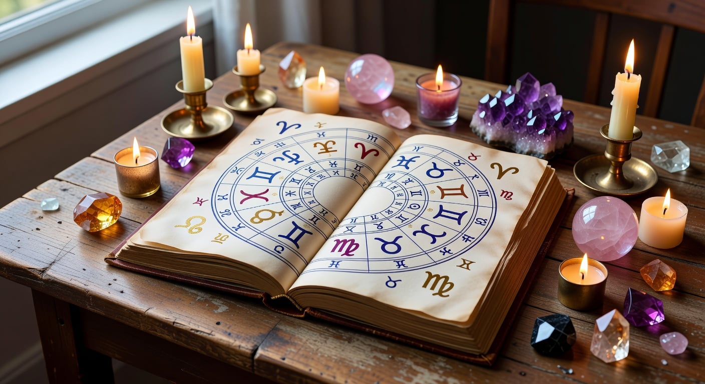open astrology book with zodiac wheel diagram, candles and crystals on wooden table, soft natural light, close-up