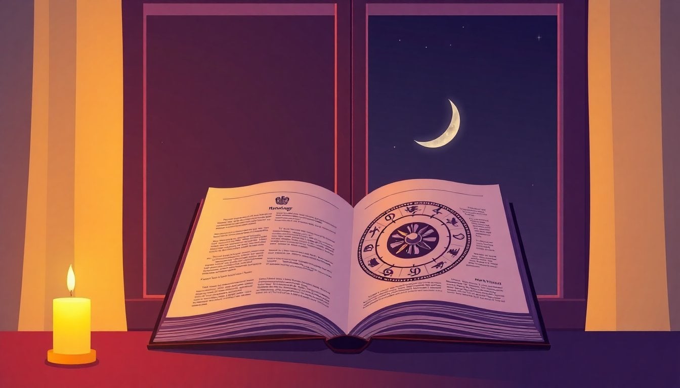 open astrology book with zodiac wheel chart, crescent moon visible through window, soft candlelight, close-up detail of star map