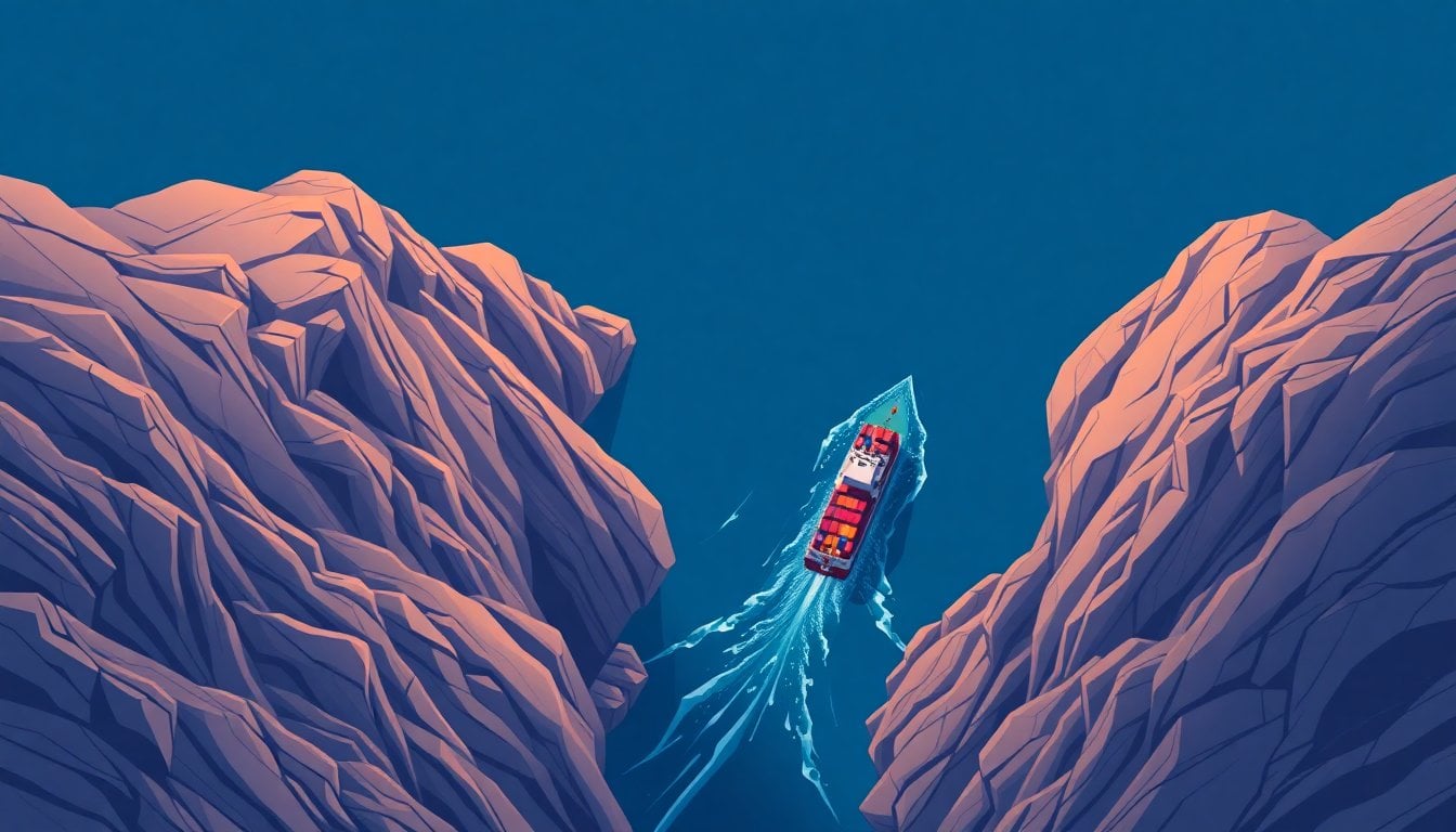 cargo ships navigating through narrow strait between rocky coastline, aerial view of strategic maritime chokepoint, dramatic lighting