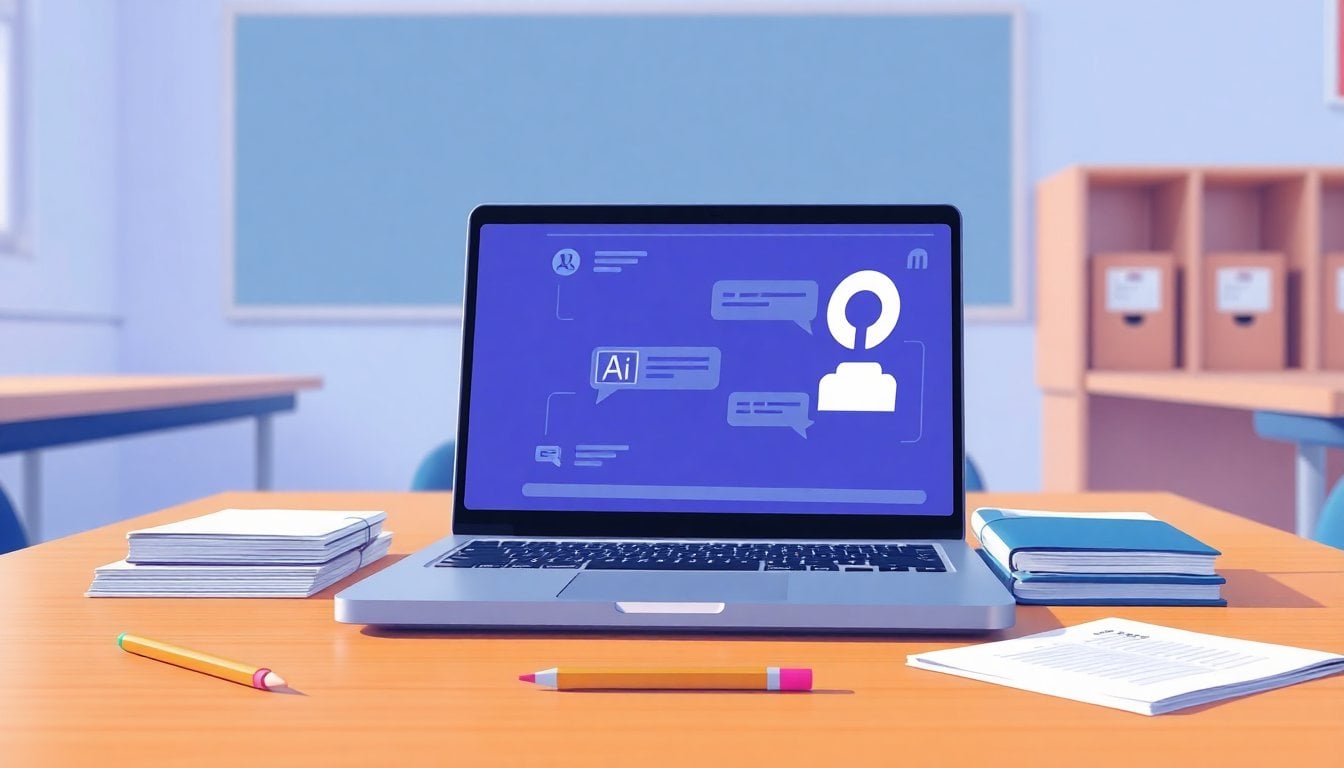 open laptop displaying AI chatbot interface on school desk with notebooks and pencil, shallow depth of field, natural classroom light