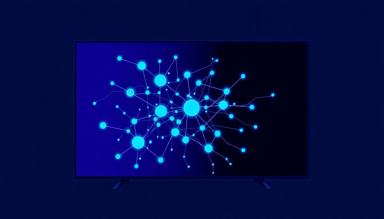 artificial intelligence concept with digital neural network visualization on dark screen, blue glowing data nodes and connections, no people