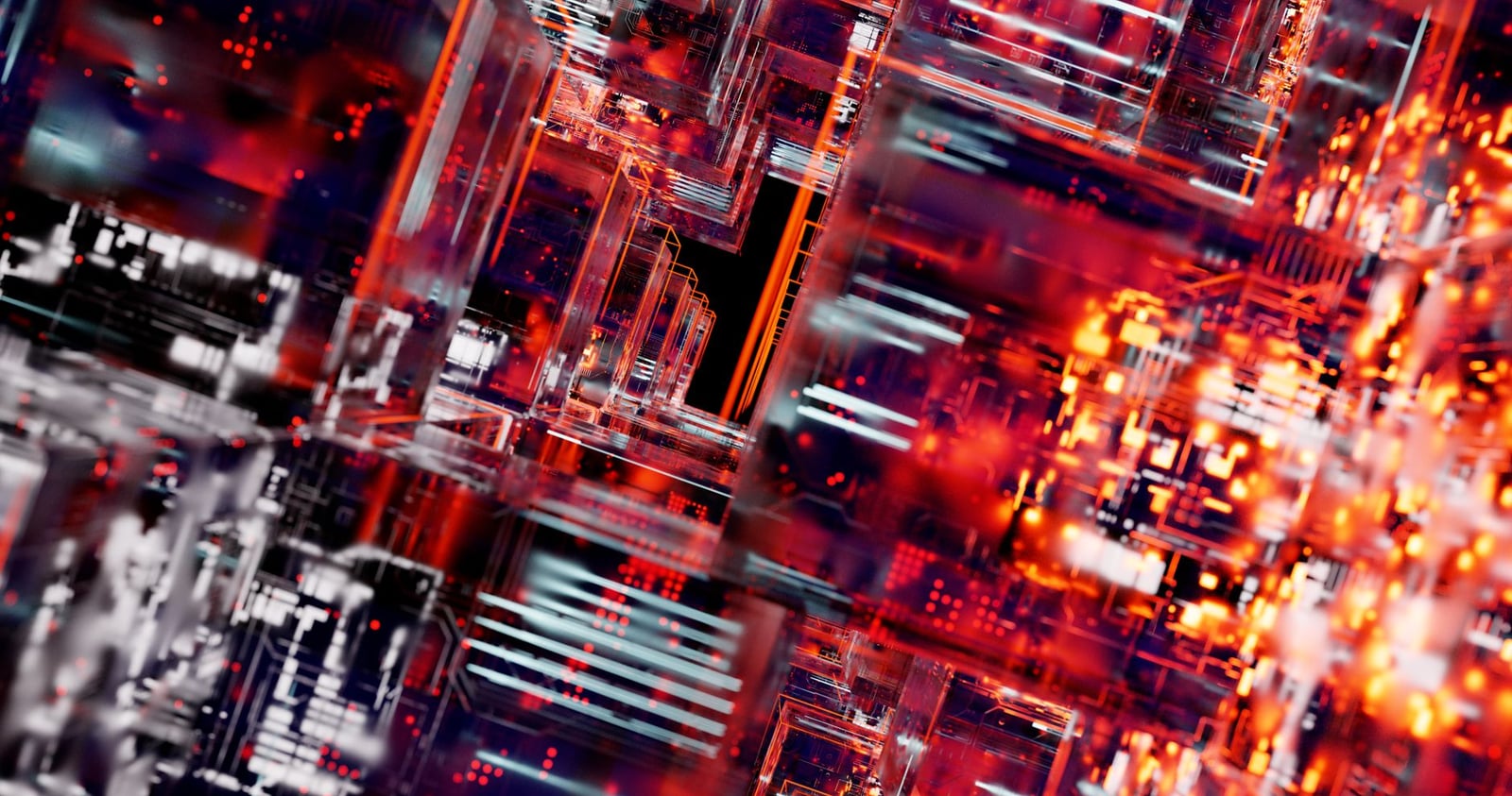 Visualización abstracta intrincada de bloques de circuitos digitales con luces LED vibrantes, que muestran tecnología e innovación.