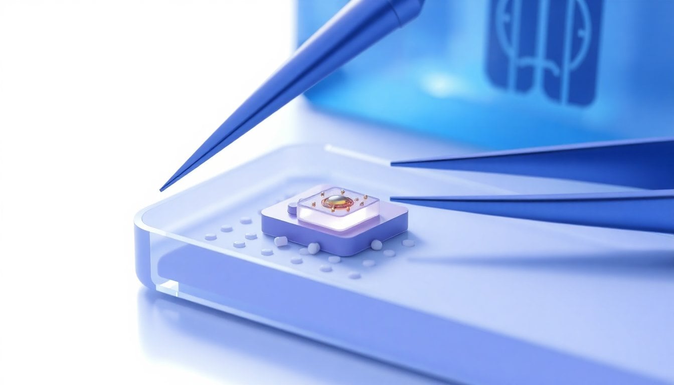 tiny rice-grain-sized biomedical implant device on a sterile laboratory tray next to tweezers and microelectrodes, white background, close-up